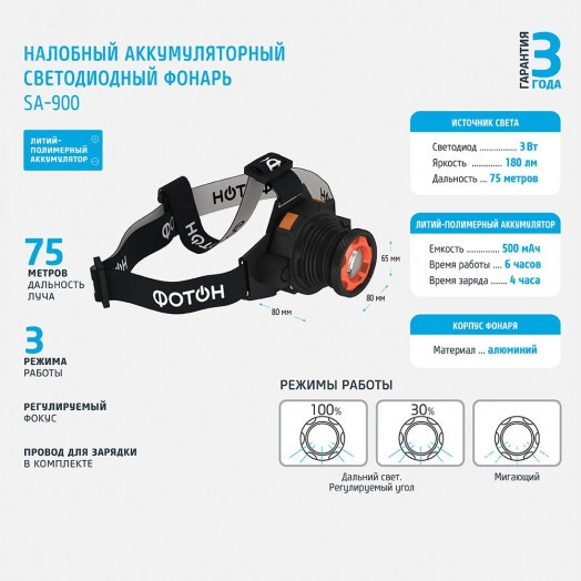 Фонарь налобный аккумуляторный светодиодный ФОТОН SА-900 (23084)