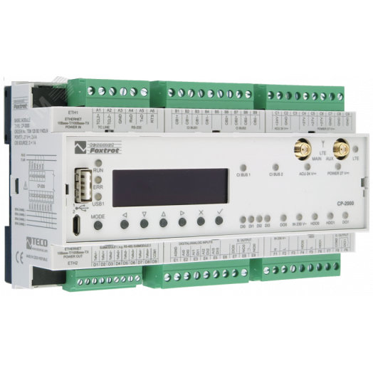Центральный контроллер CP-2000 LTE CP-2000, CPU/1core, 2xETH100/10, LTE, 128kB databox, LCD 20mm, 1x RS232, CH1-4, 4xAI/DI, 3xDI/230VAC, 2xRO, 2xCIB
