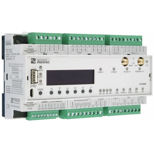 Центральный контроллер CP-2000 LTE CP-2000, CPU/1core, 2xETH100/10, LTE, 128kB databox, LCD 20mm, 1x RS232, CH1-4, 4xAI/DI, 3xDI/230VAC, 2xRO, 2xCIB