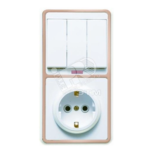 БЭЛЛА Блок БКВР-054 Выключатель трехклавишный с подсветкой + розетка с заземлением золото