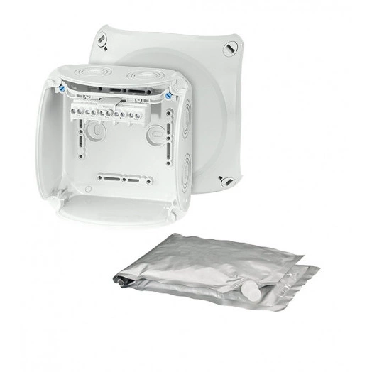 Коробка клеммная с компаундом 130х130х77 мм IP68 850мл 7хМ20/M25/М32 5-пол. 1.5-6кв.мм серая