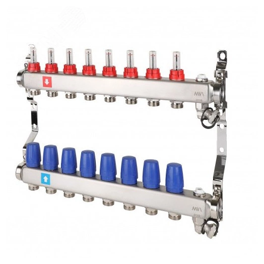 Коллекторная группа с расходомерами 1' х 8 выходов 3/4' НР евроконус с дренажным краном и воздухоотводчиком