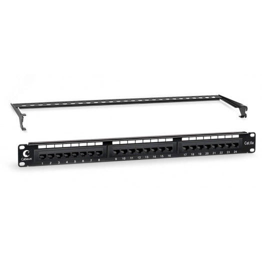Патч-панель PL-24-Cat.6a-Dual IDC 19' (1U), 24 порта RJ-45, категория 6a, Dual IDC, с задним кабельным организатором