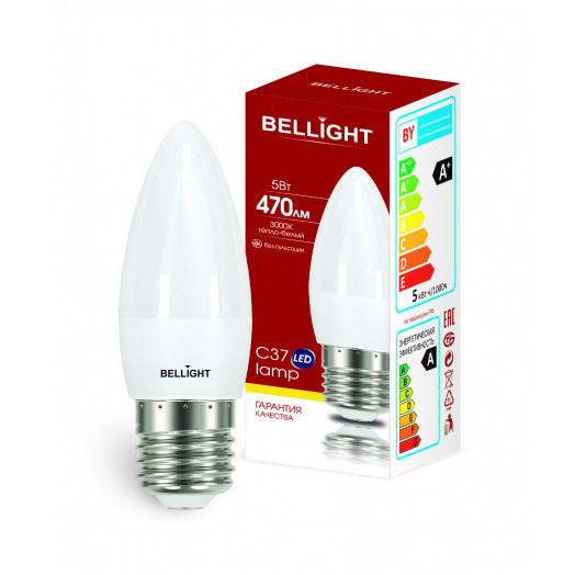 Лампа светодиодная LED 5Вт 3000K 470Лм E27 Свеча Bellight