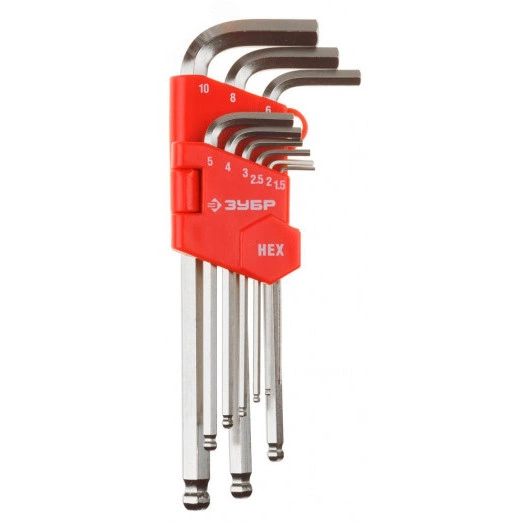 Набор ключей ''Мастер'' имбусовые длинные с шариком, Cr-V, сатинированное покрытие, пластиковый держатель, HEX 1,5-10мм, 9 пред