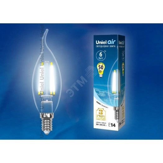 LED-CW35-6W/NW/E14/CL GLA01TR Лампа светодиодная. Форма ''свеча на ветру'', прозрачная. Серия Air. Белый свет (4000K). Картон. ТМ Uniel