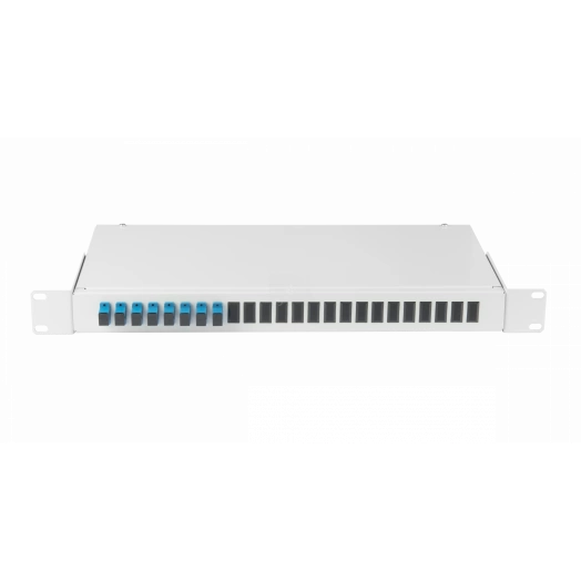 Кросс оптический NIKOMAX 19 Essential Line, 1U,   укомплектованный на 4 порта SC/UPC (4 одинарных   SC/UPC адаптера), SM 9/125 OS2, стальной,серый, в комплекте: адаптеры, монтажные шнуры 1м,          сплайс-кассета с крышкой, гильзы, заглушки