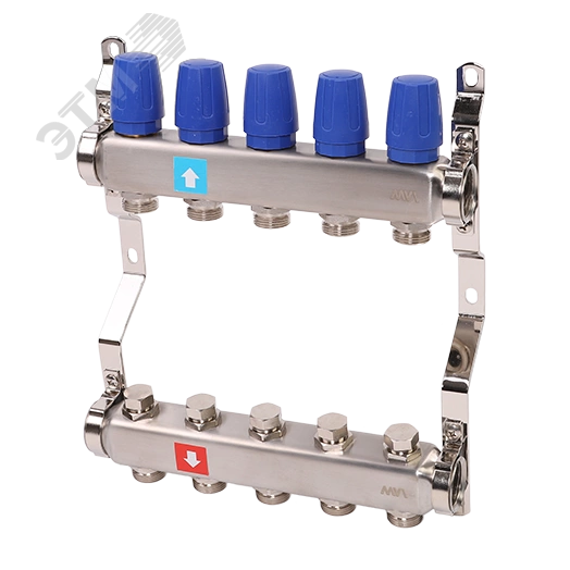 Коллекторная группа с ручными регулировочными клапанами 1' х 5 выходов 3/4' НР евроконус