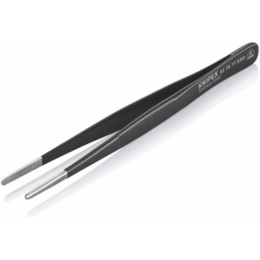 Пинцет ESD захватный прецизионный зазубренные скруглённые губки 35 мм антистатический L-145 мм нержавеющая хромоникелевая сталь хромированный KN-927877ESD