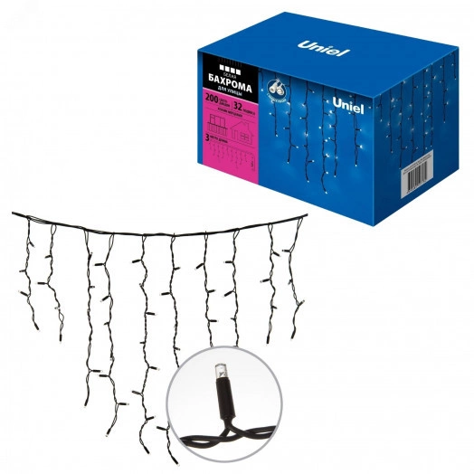 Бахрома с эффектом мерцания 3м Белый свет Провод черный ULD-B3010-200/TBK WHITE IP67