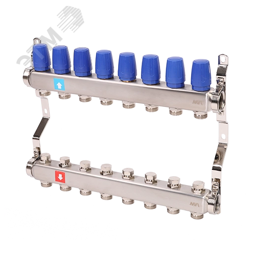 Коллекторная группа с ручными регулировочными клапанами 1' х 8 выходов 3/4' НР евроконус