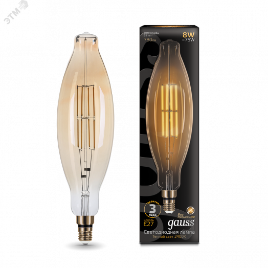 Лампа светодиодная филаментная LED 6 Вт 780 Лм 2400К E27 цилиндр Т120 теплая золотистая Black Filament Gauss