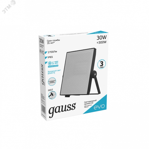 Прожектор светодиодный LED ДО 30 Вт 2700 Лм 6500К IP65 159х134х28 мм EVO Gauss