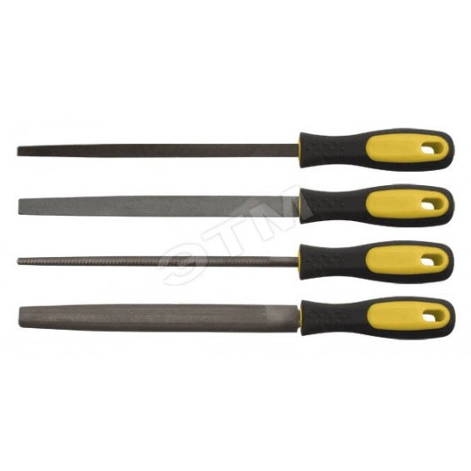 Напильники, прорезиненная ручка, набор 4 шт (трехгранный, плоский, круглый, полукруглый) 200 мм