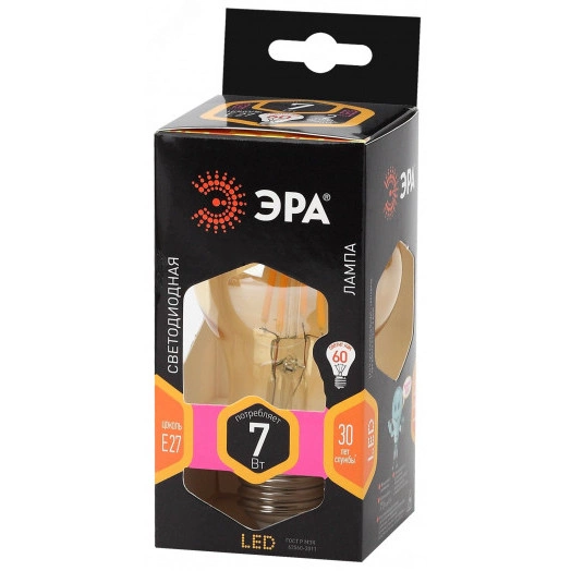 Лампа светодиодная филаментная F-LED A60-7W-827-E27 gold (филамент, груша золот., 7Вт, тепл, Е27) ЭРА (10/100/1200) ЭРА