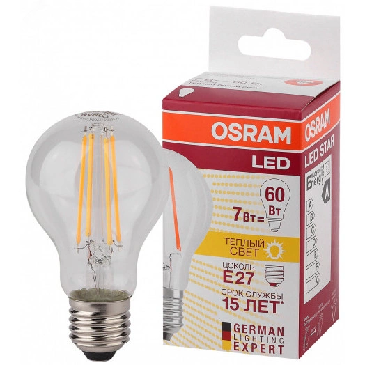 Лампа светодиодная LED 7Вт Е27 FILAMENT CLA60, тепло-бел, прозр. OSRAM