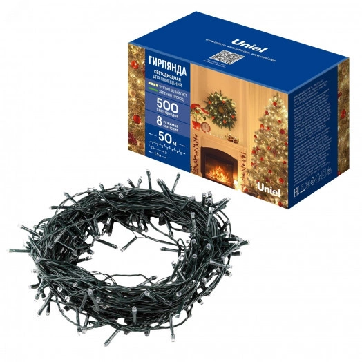 Гирлянда светодиодная 50м 500 светодиодов Теплый белый свет Провод зеленый ULD-S5000-500/DGA WARM WHITE IP20