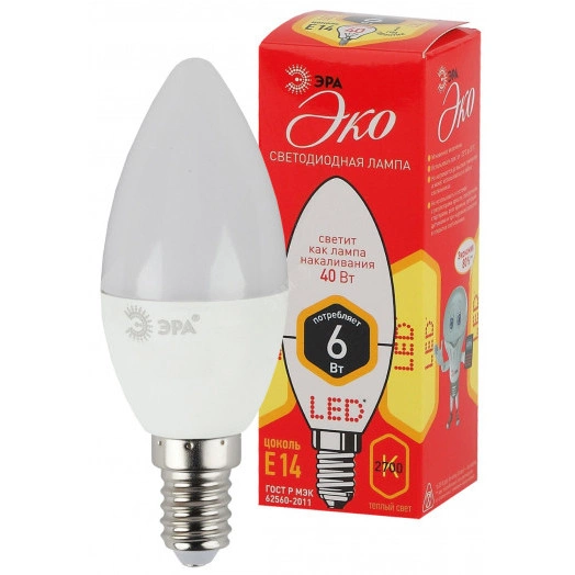 Лампа светодиодная ECO LED B35-6W-827-E14 (диод, свеча, 6Вт, тепл, E14 (10/100/3500) ЭРА