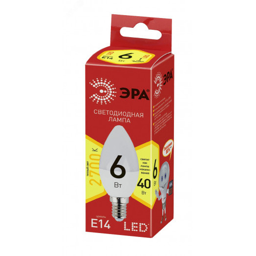 Лампа светодиодная ECO LED B35-6W-827-E14 (диод, свеча, 6Вт, тепл, E14 (10/100/3500) ЭРА