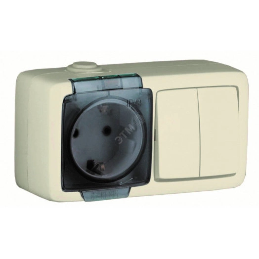 Alfa Блок с пылевлагозащитой, розетка одноместная, с заземляющими контактами, выключатель двухклавишный, слоновая кость