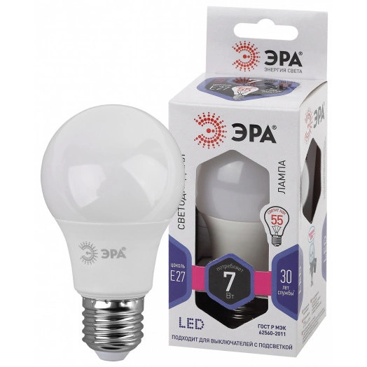 Лампа светодиодная LED A60-7W-860-E27  (диод, груша, 7Вт, хол, E27) (10/100/1500) ЭРА