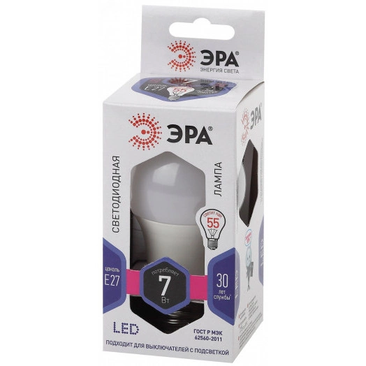 Лампа светодиодная LED A60-7W-860-E27  (диод, груша, 7Вт, хол, E27) (10/100/1500) ЭРА