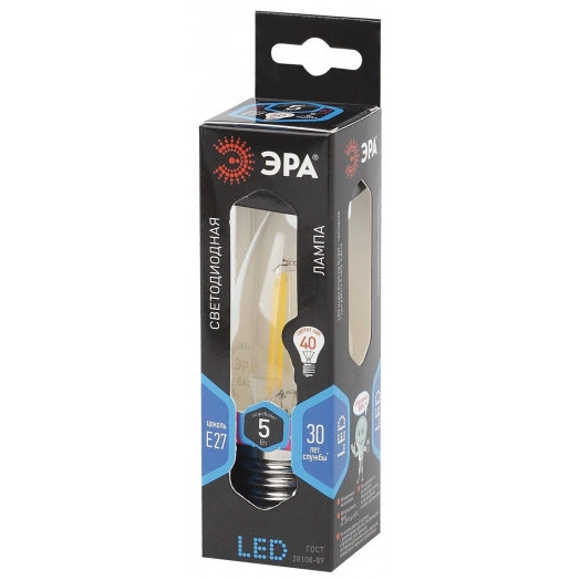 Лампа светодиодная филаментная F-LED B35-5W-840-E27 (филамент, свеча, 5Вт, нейтр, E27 (10/100/2800) ЭРА