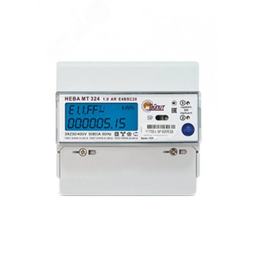 Счетчик электроэнергии НЕВА МТ 324 1.0 AR E4BSC28 трехфазный многотарифный 5(80) класс точности 1.0/2.0 D ЖКИ RS485 регион 63