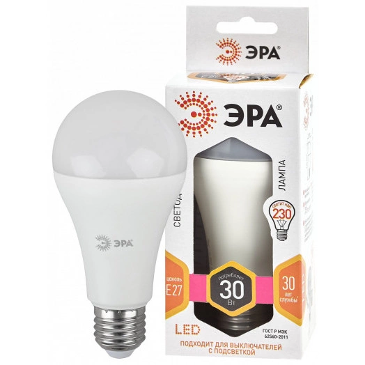 LED лампа A65-30W-827-E27 ЭРА (диод, груша, 30Вт, тепл, E27) (10/100/1200)