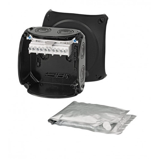 Коробка клеммная с компаундом 130х130х77 мм IP68 850мл 7хМ20/M25/М32 пятиполюсная 1.5-10кв.мм черная