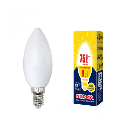 Лампа светодиодная LED-C37-9W/WW/E14/FR/NR Форма свеча, матовая. Серия Norma. Теплый белый свет (3000K). Картон. ТМ Volpe