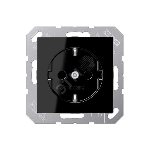 Штепсельная розетка SCHUKO одинарная, с заземлением, без шторок, 16A, 250В  (механизм + накладка, без рамки). Серия A500  Материал- термопласт  Цвет- черный