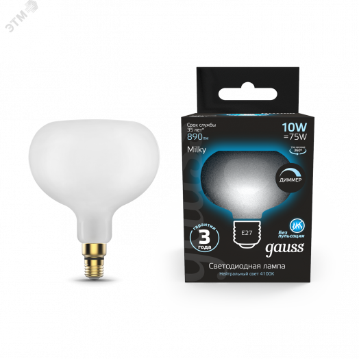 Лампа светодиодная филаментная LED 10 Вт 890 Лм 4100К E27 груша А190 белая milky (матовая) диммируемая Black Filament Gauss