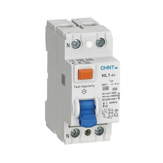 Выключатель дифференциального тока (УЗО) NL1-63 6кА 2P 63А 30мА тип AC CHINT 200312