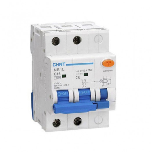 Выключатель автоматический дифференциального тока 2п 30мА тип AC 10кА NB1L B16 (54мм) (R) CHINT 205083