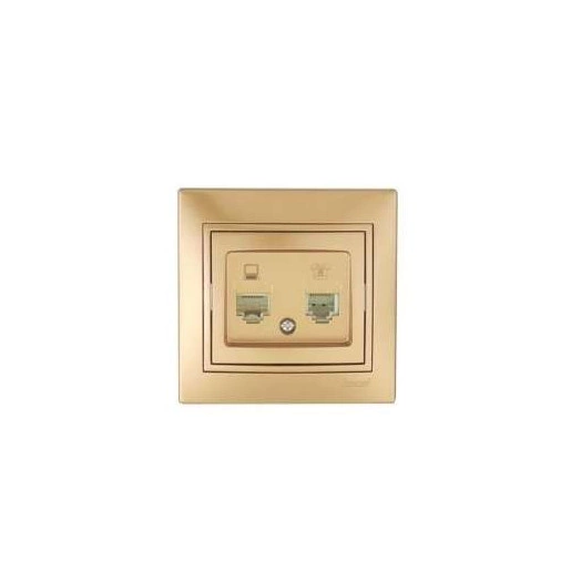 Розетка компьютерная + телефонная 2-м СП Mira RJ45 + RJ11 зол. метал. LEZARD 701-1313-143