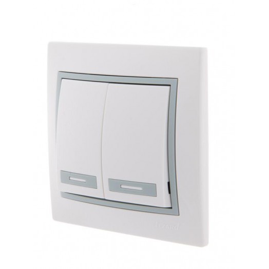 Выключатель 2-кл. СП Mira 10А IP20 с сер. вставкой бел. LEZARD 701-0215-101 Выключатель 2-кл. СП Mira 10А IP20 с сер. вставкой бел. LEZARD 701-0215-101