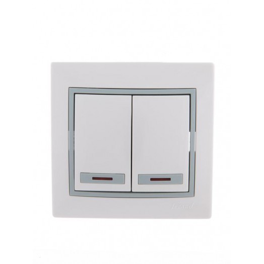 Выключатель 2-кл. СП Mira 10А IP20 с подсветкой с сер. вставкой бел. LEZARD 701-0215-112