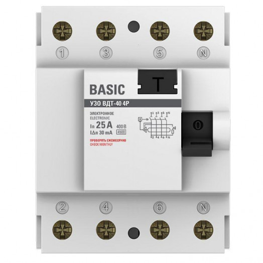 Выключатель дифференциального тока (УЗО) 4п 25А 30мА (электрон.) Basic EKF elcb-4-25-30e-sim