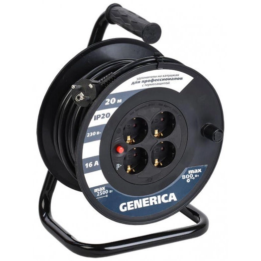 Удлинитель на катушке 4х20м 16А IP20 УК20 2P+PE 3х1.5 термозащита GENERICA WKP20-16-04-20-G