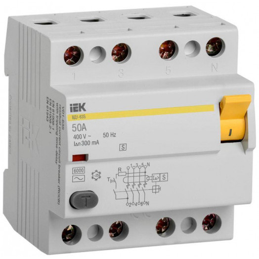 Выключатель дифференциального тока (УЗО) 4п 50А 300мА тип ACS ВД1-63S IEK MDV12-4-050-300