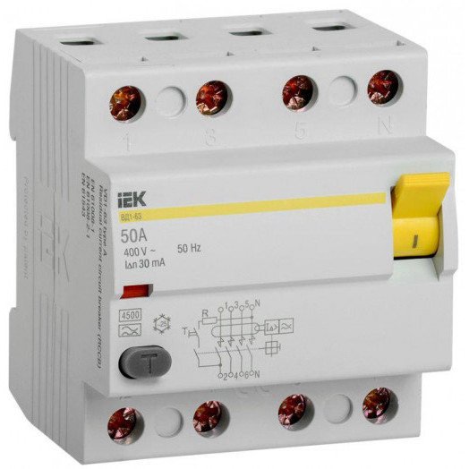 Выключатель дифференциального тока (УЗО) 4п 50А 30мА тип A ВД1-63 IEK MDV11-4-050-030