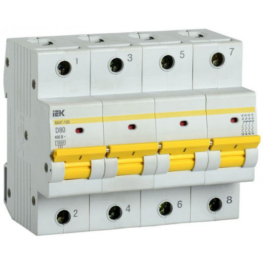 Выключатель автоматический модульный 4п D 80А 15кА ВА47-150 IEK MVA50-4-080-D