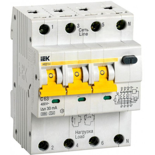 Выключатель автоматический дифференциального тока 4п C 63А 30мА тип A 6кА АВДТ-34 IEK MAD22-6-063-C-30