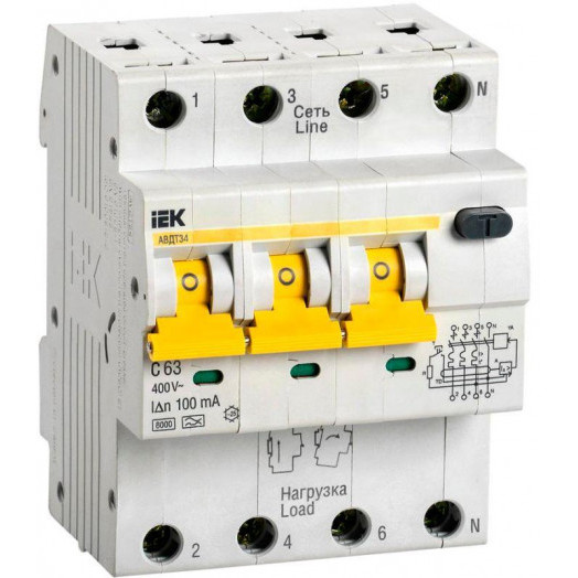 Выключатель автоматический дифференциального тока C63 100мА АВДТ-34 IEK MAD22-6-063-C-100