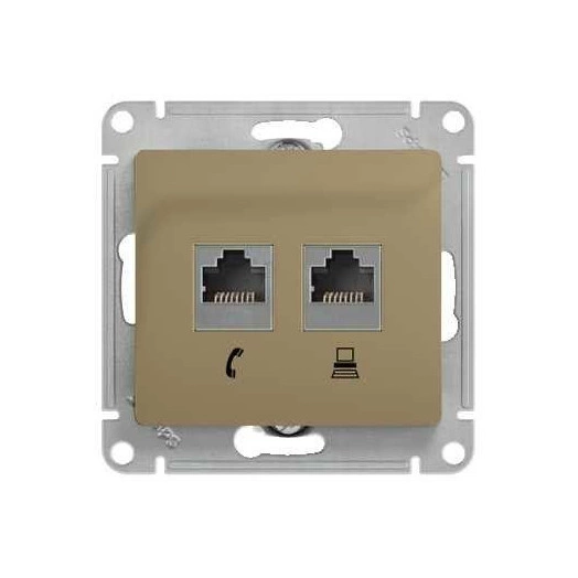 Розетка компьютерная + телефонная 2-м СП Glossa RJ45 + RJ11 кат.5E механизм титан SE GSL000485