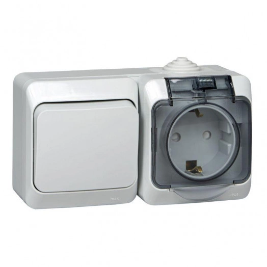 Блок ОП Этюд (розетка 16А 250В евростандарт с заземл. защ. шторки + 1-кл. перекл.) IP44 сер. SE BPA16-246C