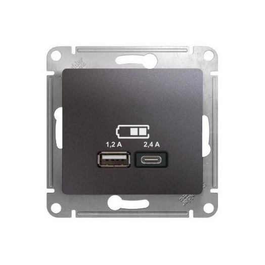 Розетка USB Glossa тип A+C 5В/2.4А 2х5В/1.2А механизм графит SE GSL001339