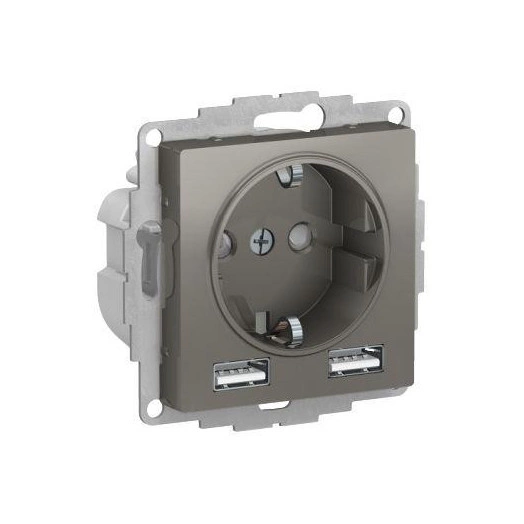 Розетка 1-м СП AtlasDesign 16А IP20 с 2-мя заряд. устройствами USB тип A+A 5В/2.4А 2х5В/1.2А механизм сталь SE ATN000930