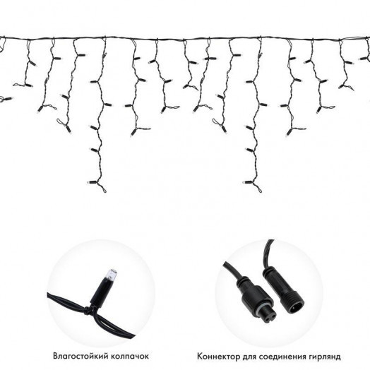 Гирлянда светодиодная "Айсикл" (бахрома) 4х0.6м 128LED тепл. бел. 8Вт 230В IP67 эффект мерцания провод каучук черн. Neon-Night 255-236